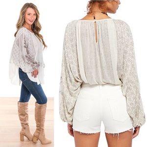 FREE PEOPLE | Ivory Indigo Dreams Boho Embroidered Puff Sleeve Tunic